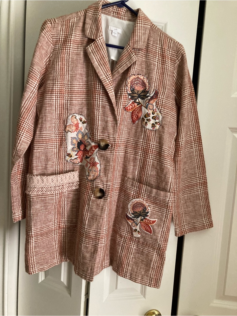 J. Jill Pink Plaid Embroidered Button Blazer
